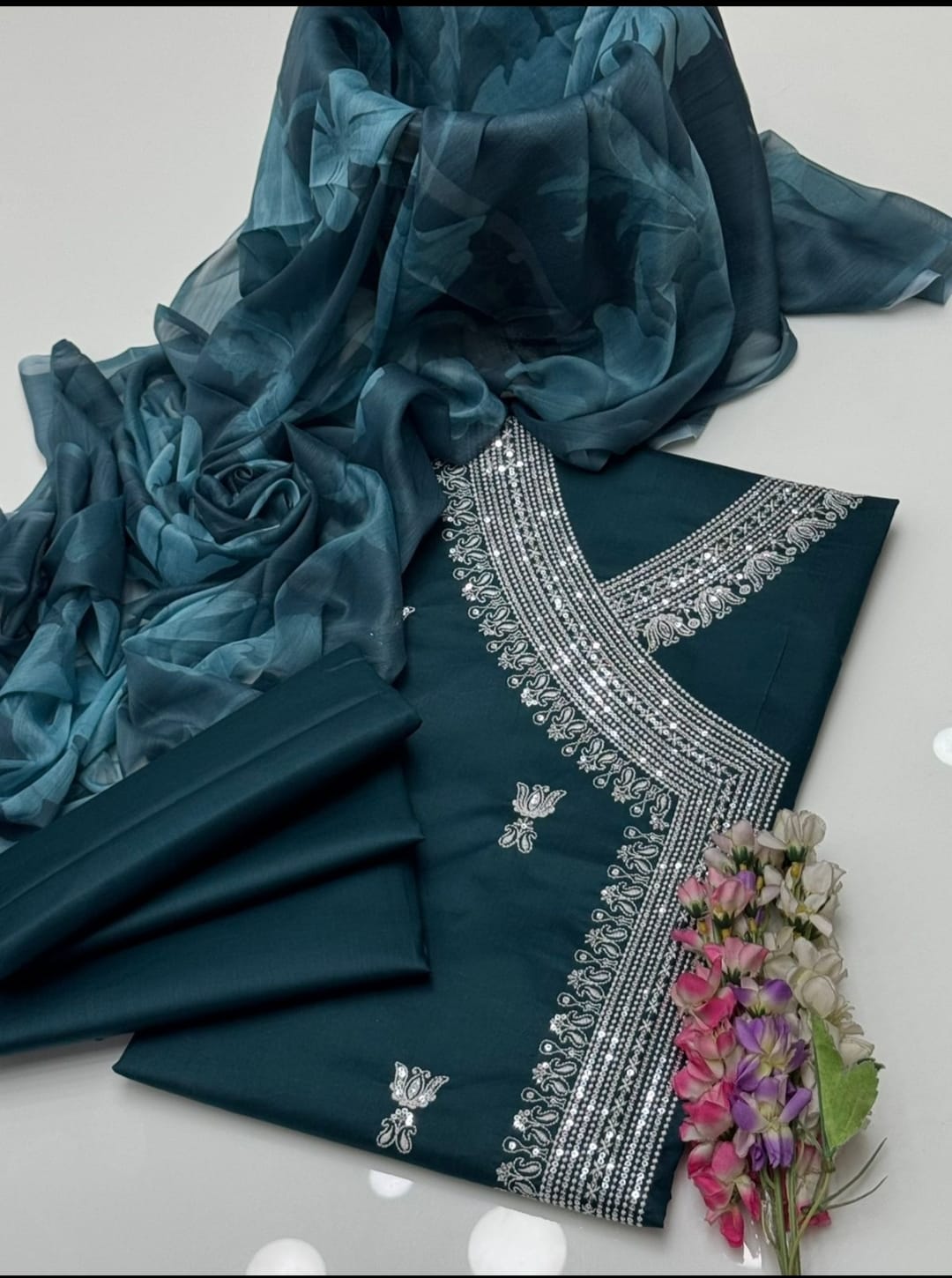 Fancy Angrakha Style 3-Piece Lawn Suit – Embroidered Shirt with Printed Chiffon Dupatta