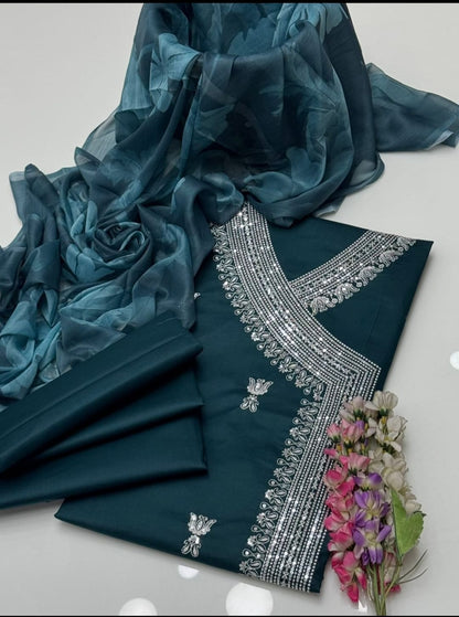 Fancy Angrakha Style 3-Piece Lawn Suit – Embroidered Shirt with Printed Chiffon Dupatta