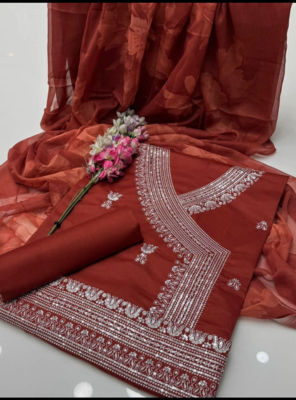 Fancy Angrakha Style 3-Piece Lawn Suit – Embroidered Shirt with Printed Chiffon Dupatta