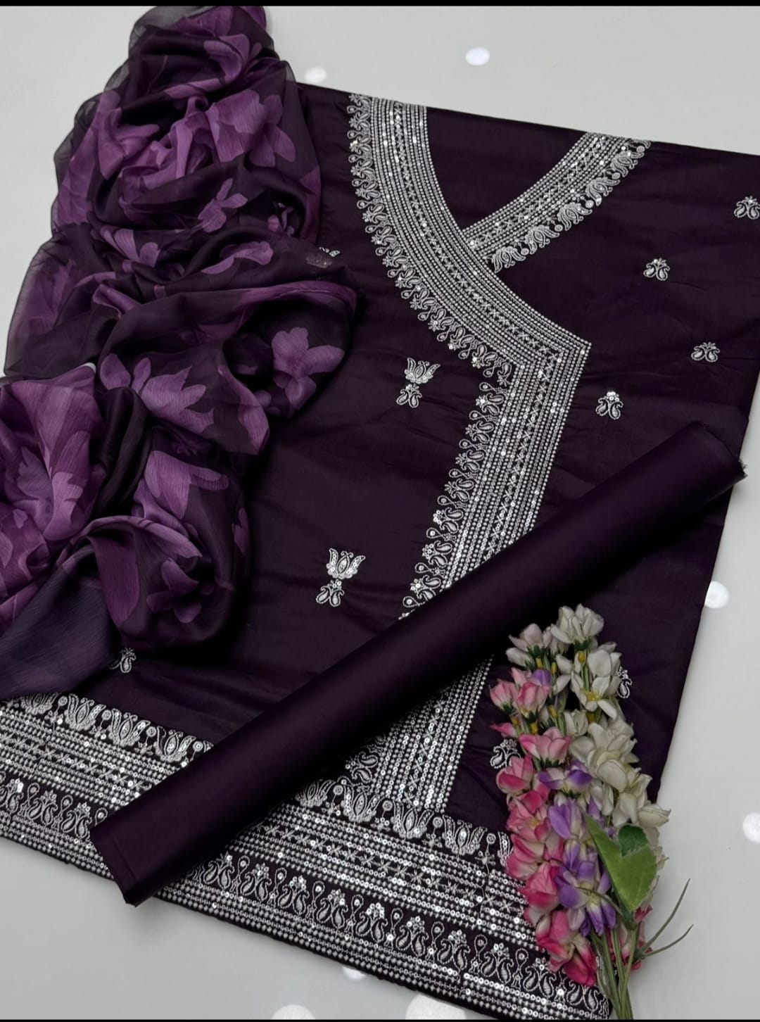 Fancy Angrakha Style 3-Piece Lawn Suit – Embroidered Shirt with Printed Chiffon Dupatta