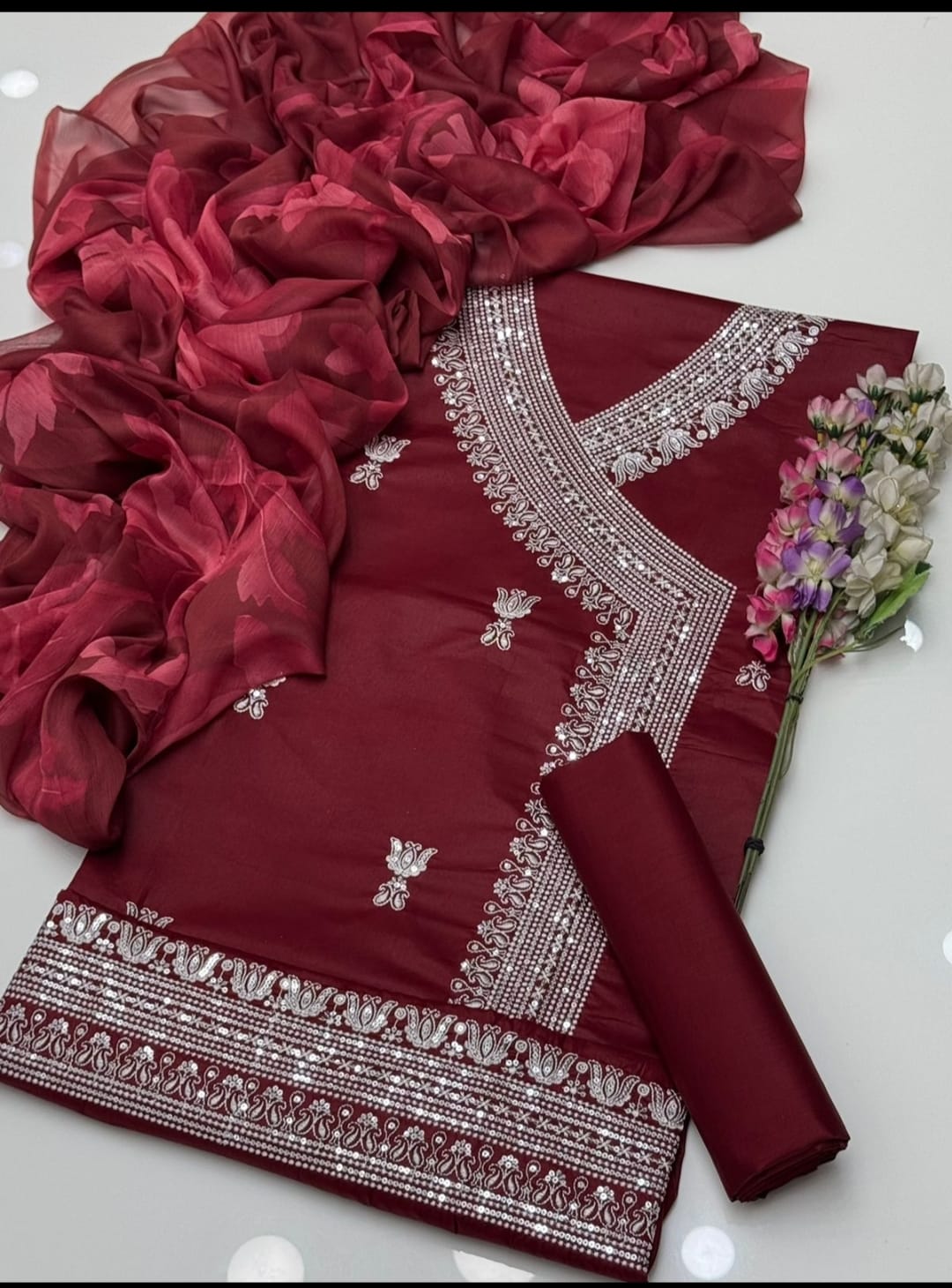Fancy Angrakha Style 3-Piece Lawn Suit – Embroidered Shirt with Printed Chiffon Dupatta