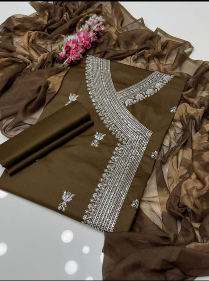 Fancy Angrakha Style 3-Piece Lawn Suit – Embroidered Shirt with Printed Chiffon Dupatta
