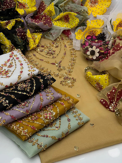 Organza Hand Embroidered Brush Painted Dupatta - 2 piece