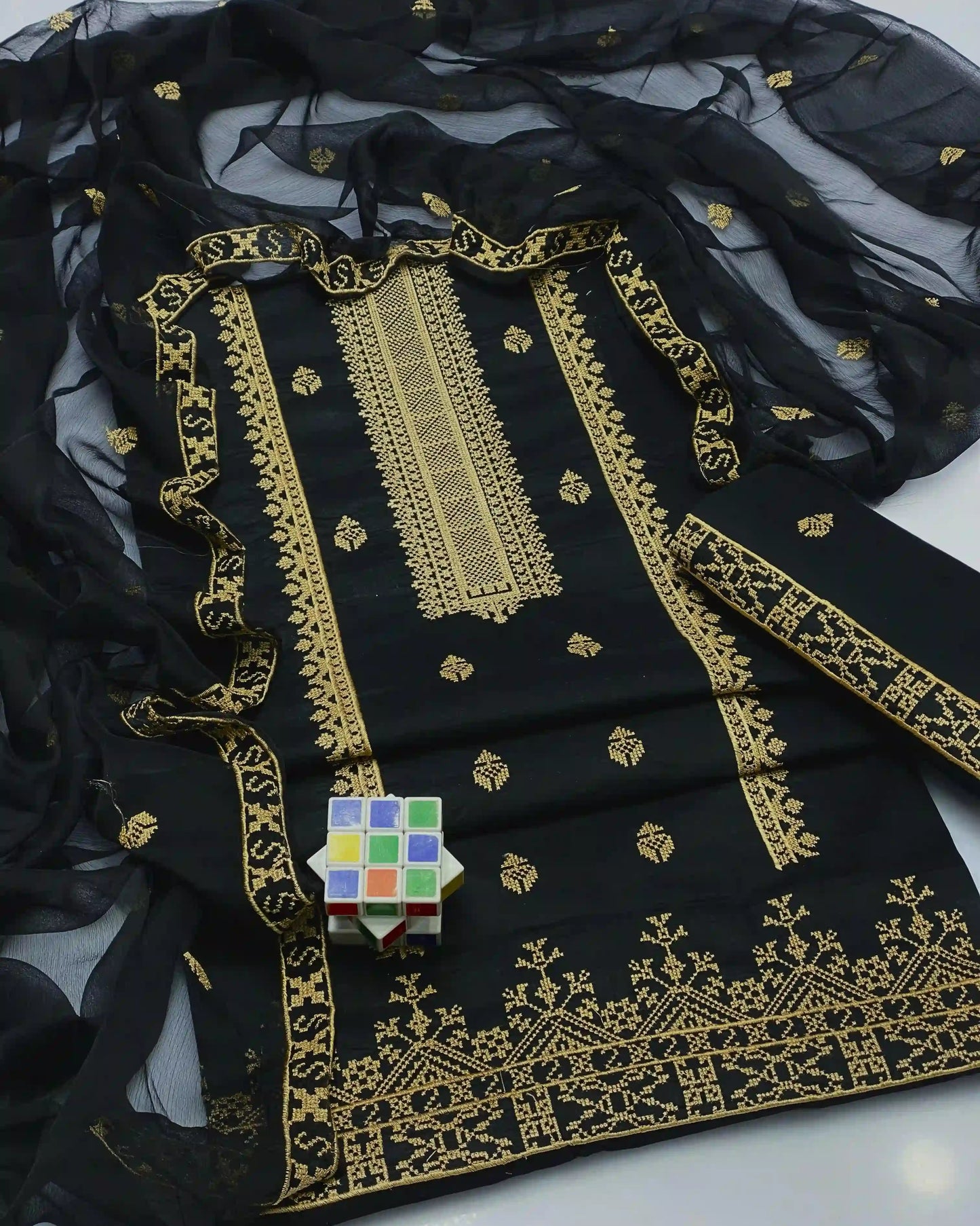Cross-Stitch Emb Lawn - 3 piece suit with Khussa