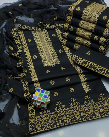 Cross-Stitch Emb Lawn - 3 piece suit with Khussa