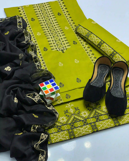 Cross-Stitch Emb Lawn - 3 piece suit with Khussa