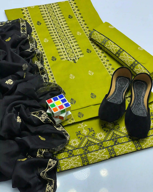 Cross-Stitch Emb Lawn - 3 piece suit with Khussa