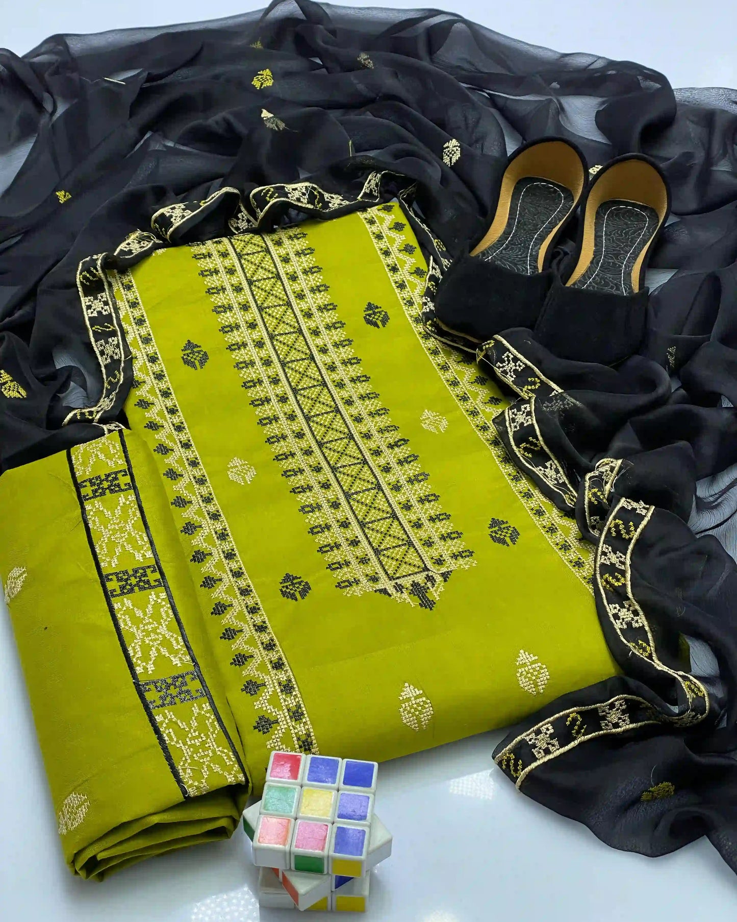 Cross-Stitch Emb Lawn - 3 piece suit with Khussa