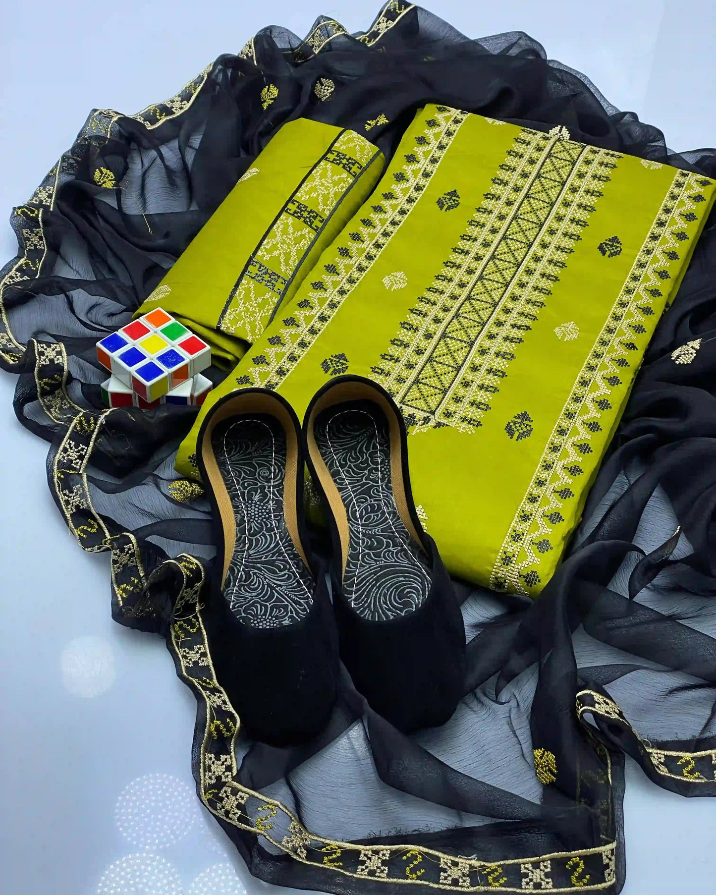 Cross-Stitch Emb Lawn - 3 piece suit with Khussa