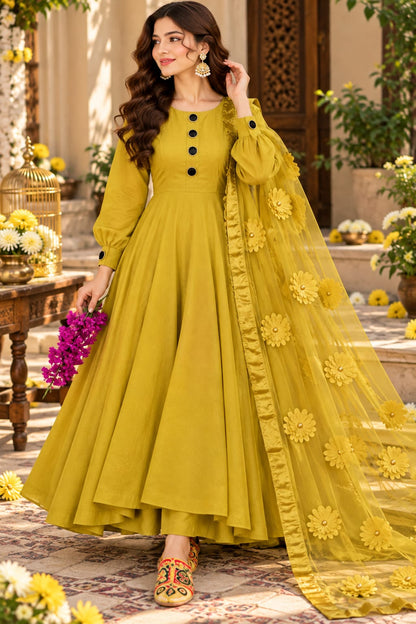 3D aplique flower duppata with plain katan silk unstitched 3-Piece Suit