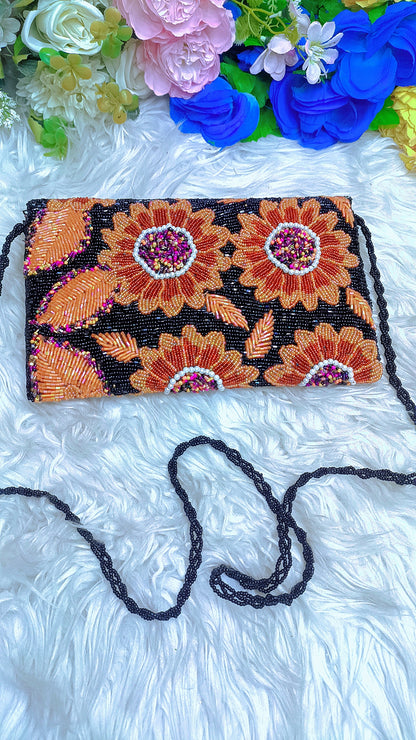 Black Orange Sunflower Handmade Beaded Clutch | Floral Beaded Purse | Handmade