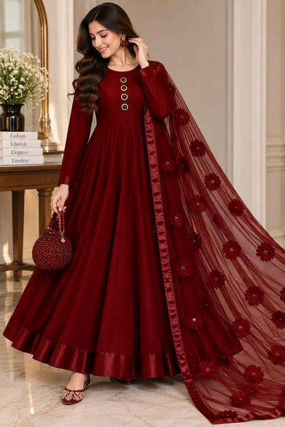 3D aplique flower duppata with plain katan silk unstitched 3-Piece Suit