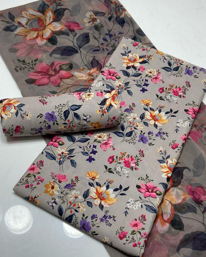 Floral-patterned fabric swatches on a gray background
