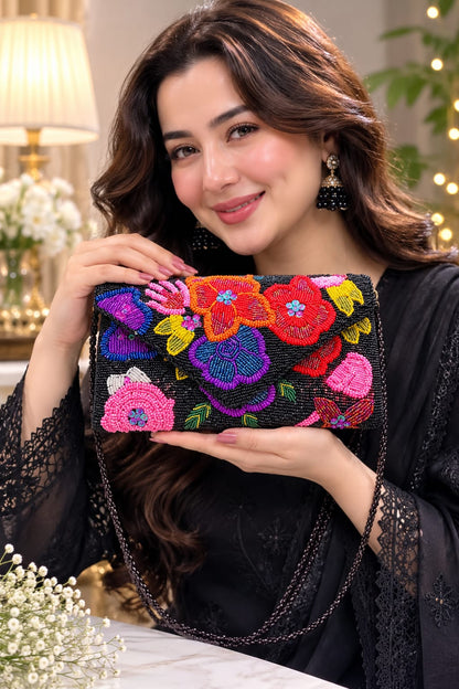 Black 3D Multi-Color Floral clutch
