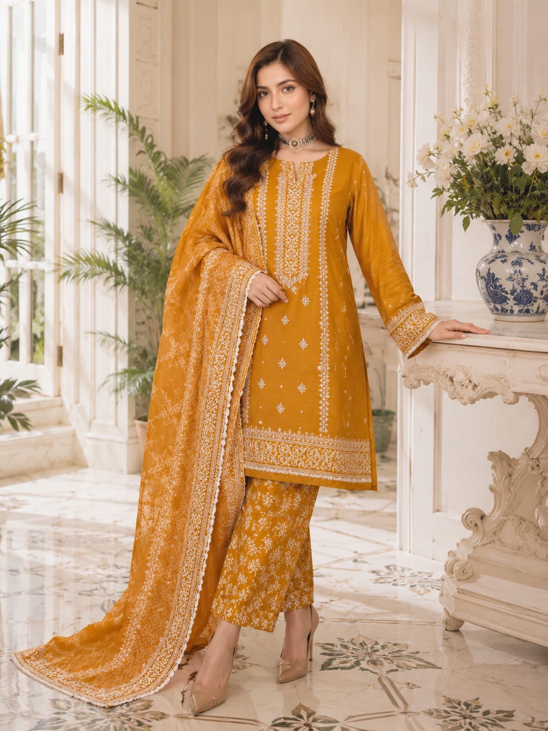 Fancy Style 3-Piece Lawn Suit – Embroidered Shirt with Printed Chiffon Dupatta