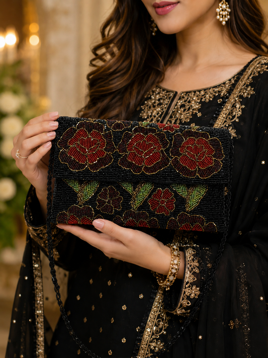 Black rose beaded clutch