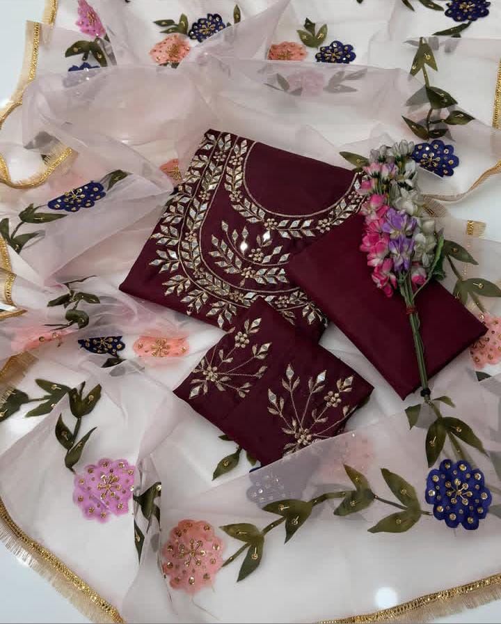 Mirror & Zari Work Katan Silk-3 Piece Dress with Organza Dupatta