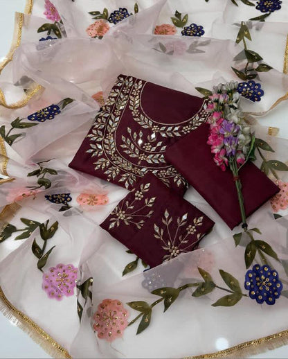 Mirror & Zari Work Katan Silk-3 Piece Dress with Organza Dupatta