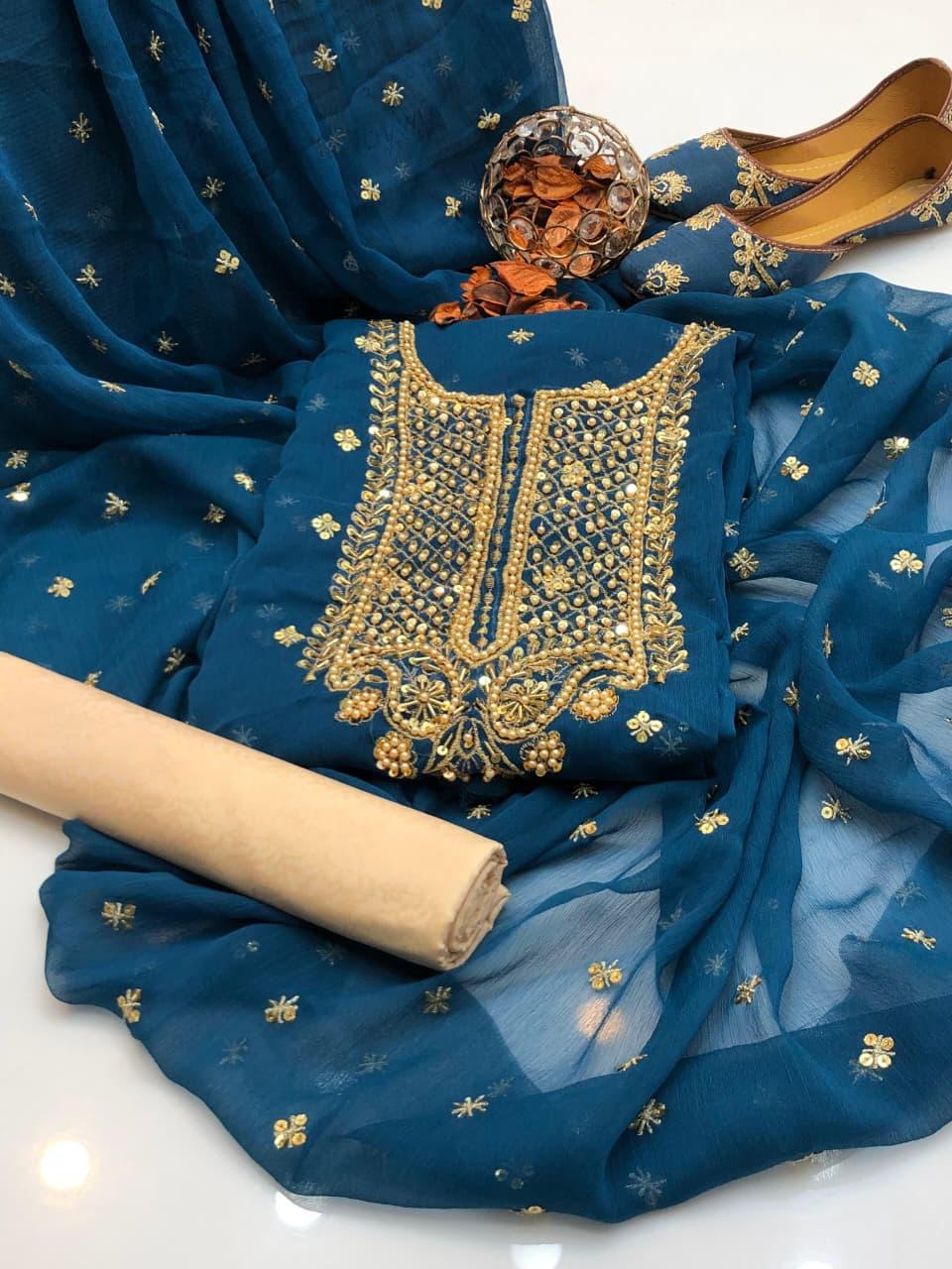Chiffon Boti HandWork-3 Piece Dress with Khussa