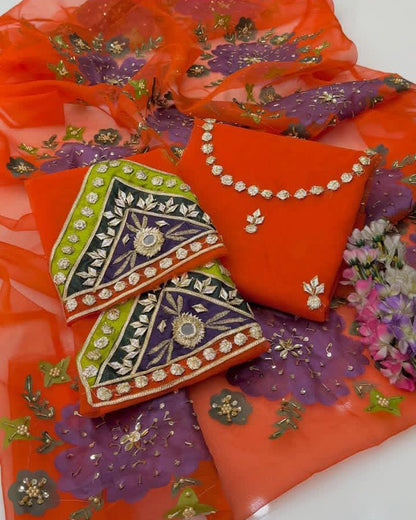 Handmade LCD Goota Work Organza Party Wear Heavy Beads Sleeves & Oil Painted Dupatta - - 2 Piece