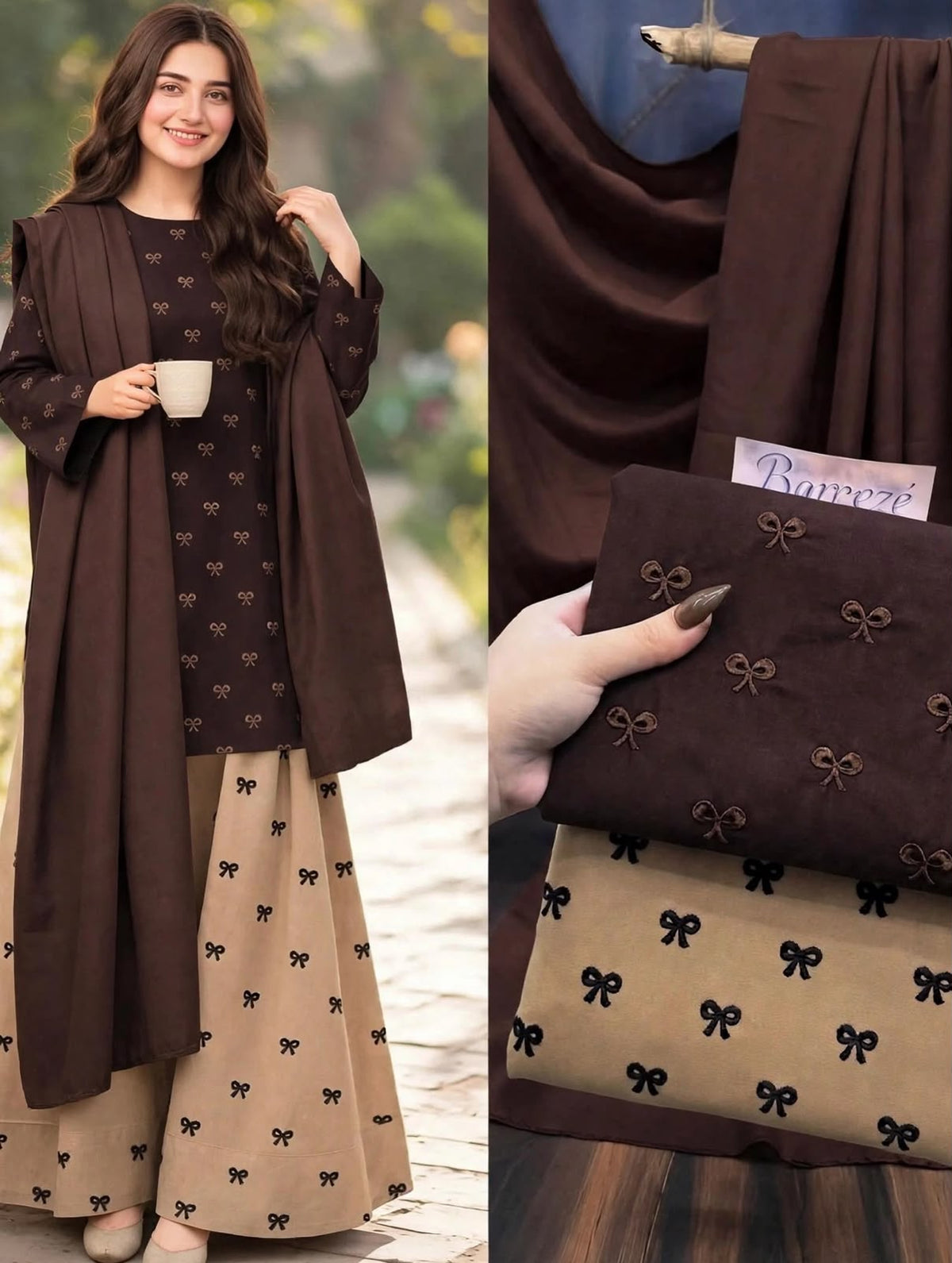 Ribbon embroidered dhanak-3 piece