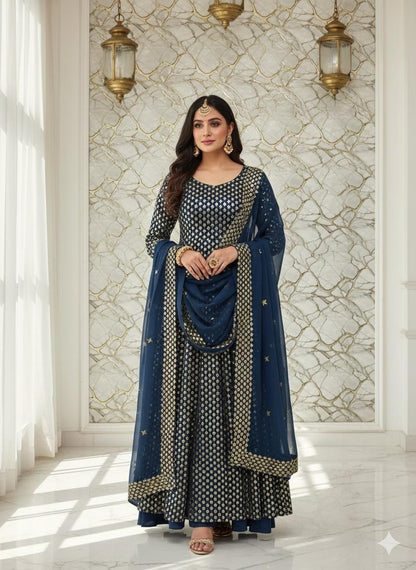 New Arrival 3-Piece Chiffon Sequin Dress | Kataan Silk Trouser & Border Work Dupatta