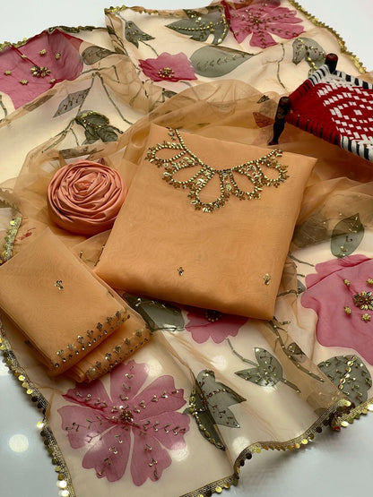 Handwork Stones & Beads Organza-3 Piece Dress with Zari Dupatta