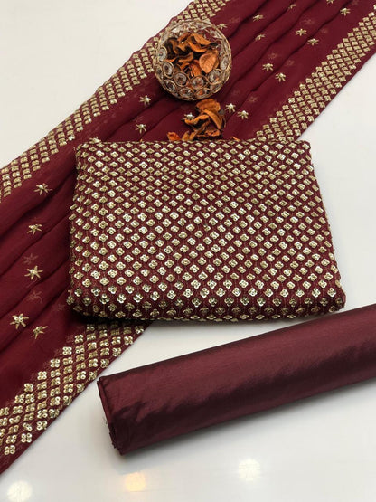 New Arrival 3-Piece Chiffon Sequin Dress | Kataan Silk Trouser & Border Work Dupatta