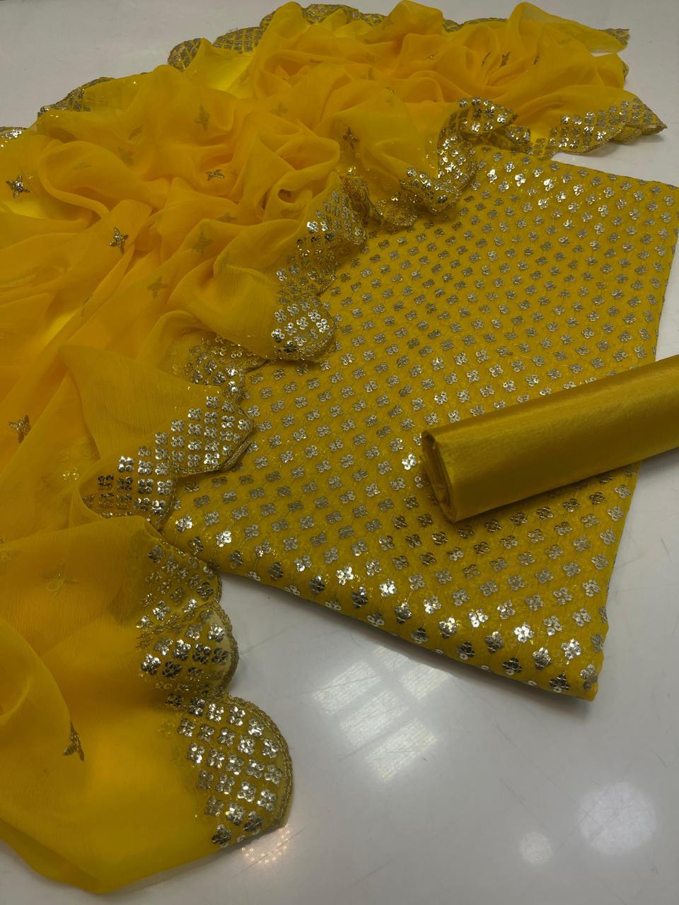 New Arrival 3-Piece Chiffon Sequin Dress | Kataan Silk Trouser & Border Work Dupatta