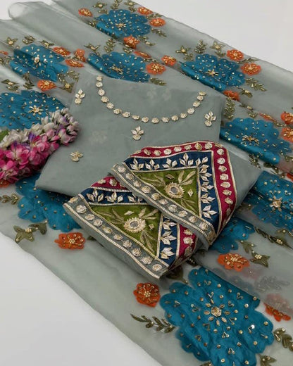 Handmade LCD Goota Work Organza Party Wear Heavy Beads Sleeves & Oil Painted Dupatta - - 2 Piece