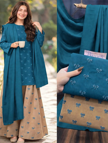 Ribbon embroidered dhanak-3 piece