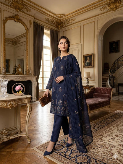 Khaadi Stuff Embroidered 3 Piece Suit – Embroidered Shirt, Dupatta & Kataan Trouser