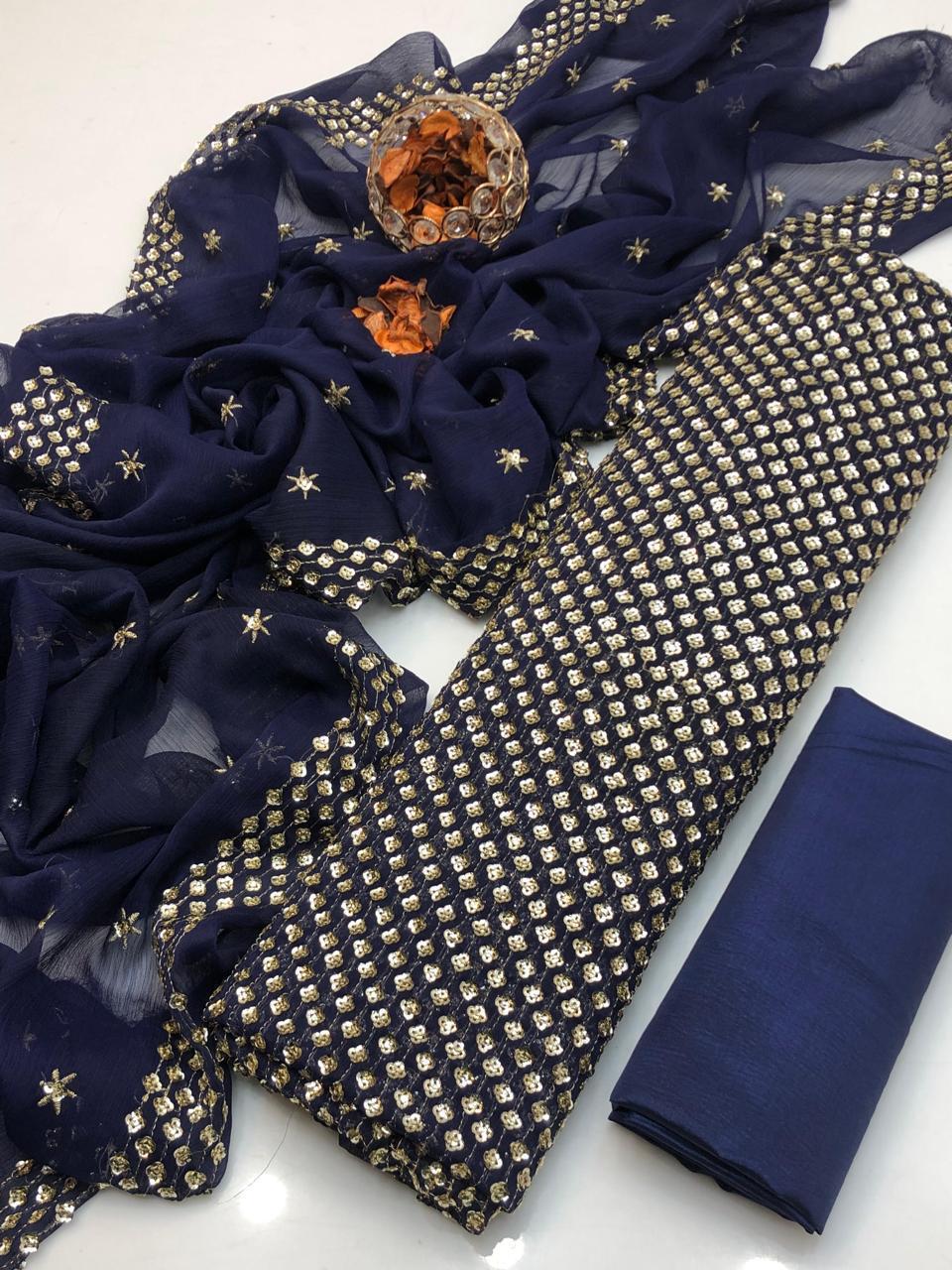 New Arrival 3-Piece Chiffon Sequin Dress | Kataan Silk Trouser & Border Work Dupatta