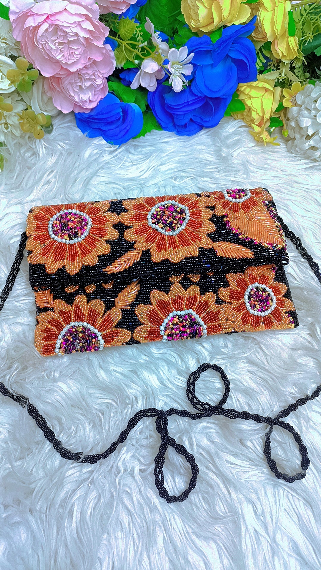Black Orange Sunflower Handmade Beaded Clutch | Floral Beaded Purse | Handmade