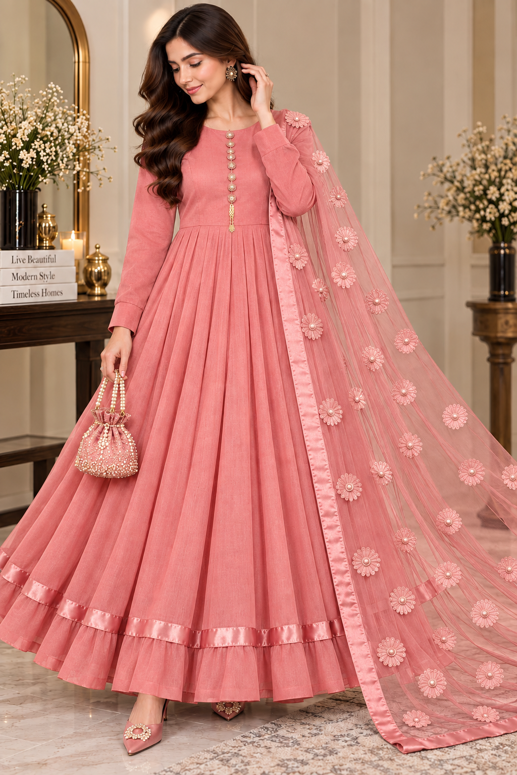 3D aplique flower duppata with plain katan silk unstitched 3-Piece Suit
