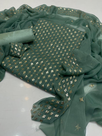 New Arrival 3-Piece Chiffon Sequin Dress | Kataan Silk Trouser & Border Work Dupatta