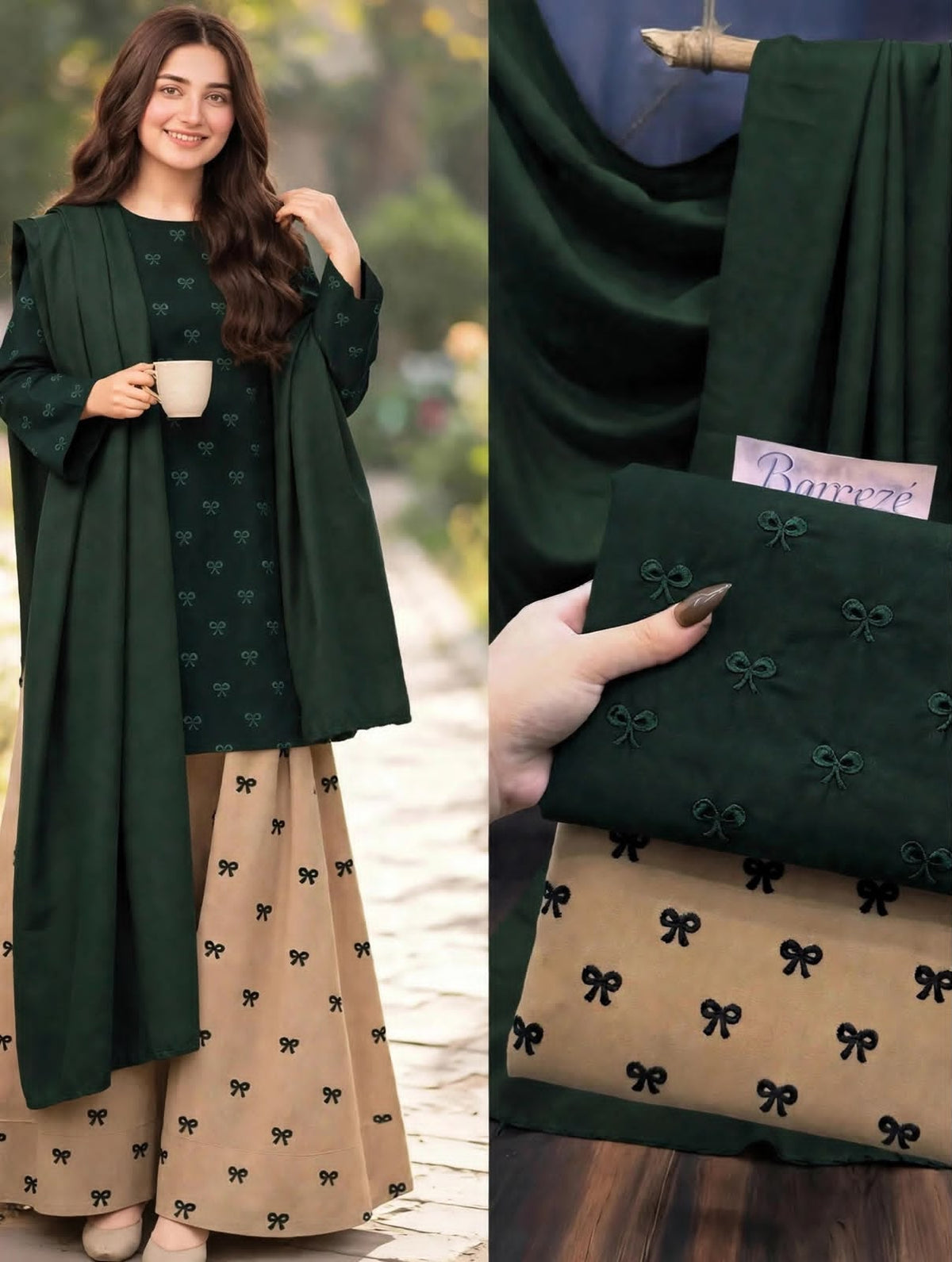 Ribbon embroidered dhanak-3 piece