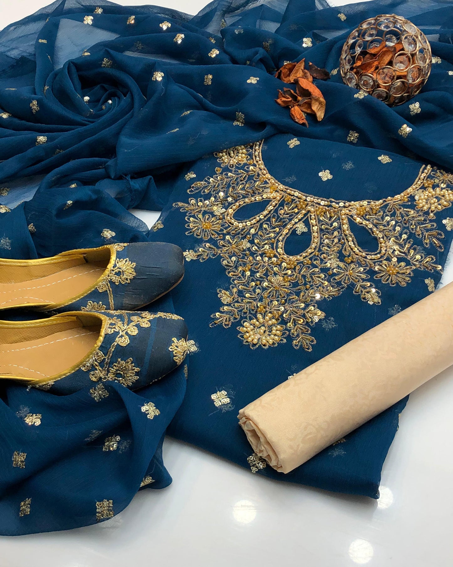 Chiffon Boti HandWork-3 Piece Dress with Khussa