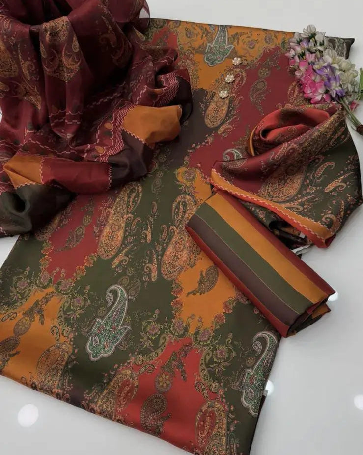 Shamoze Silk Digital Print Suit Shirt,Trouser & Dupatta - 3 piece