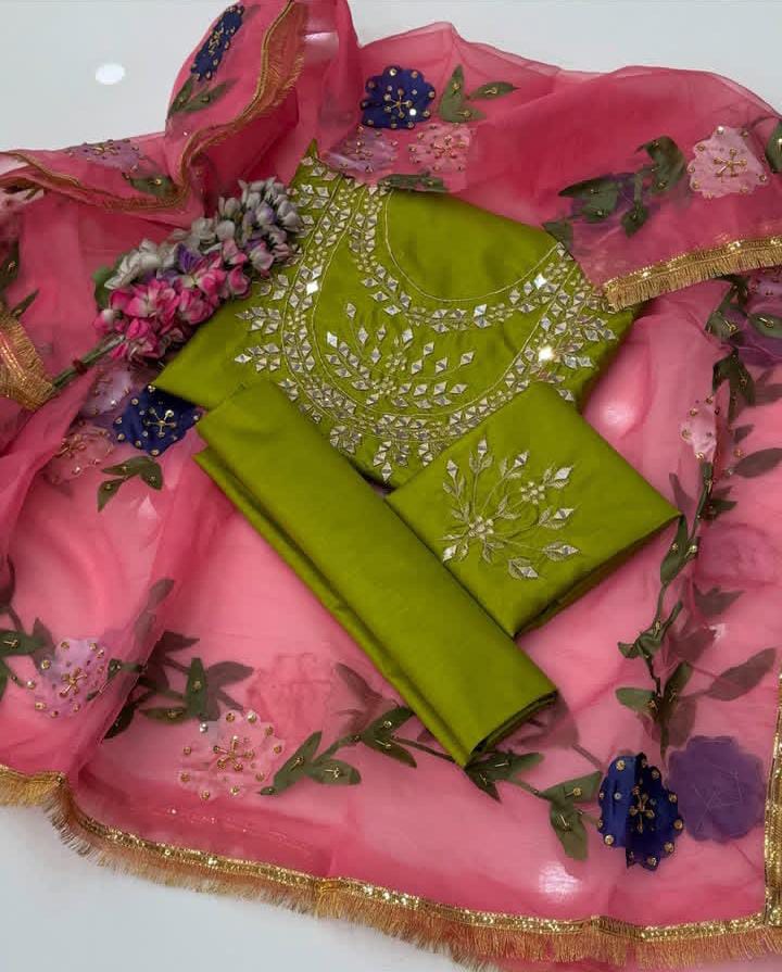 Mirror & Zari Work Katan Silk-3 Piece Dress with Organza Dupatta