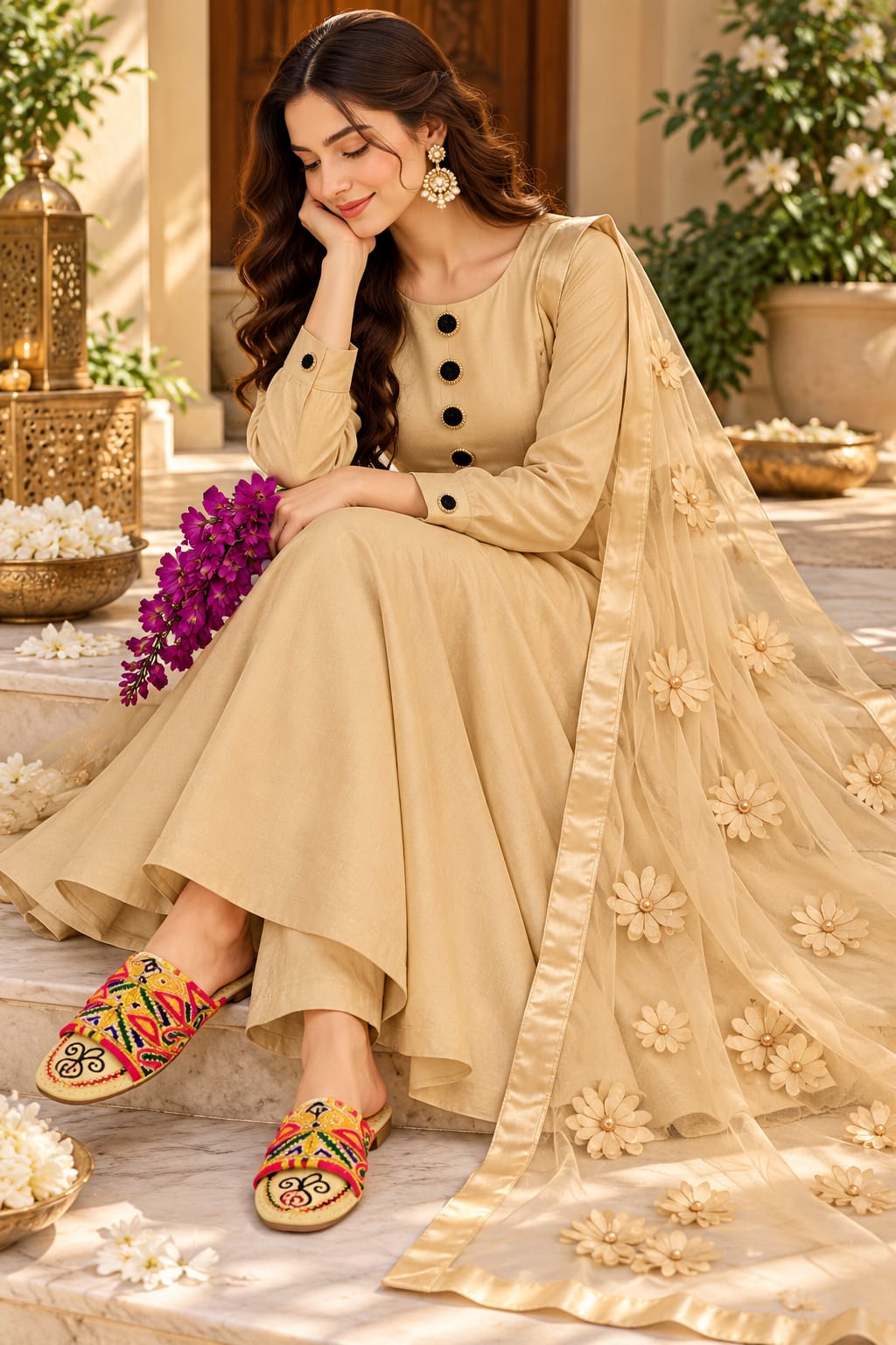 3D aplique flower duppata with plain katan silk unstitched 3-Piece Suit