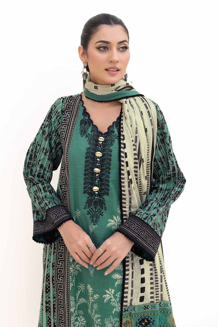 3 Piece Unstitched Embroidered Khaddar Suit with Printed Cotton Net Dupatta CN-42004