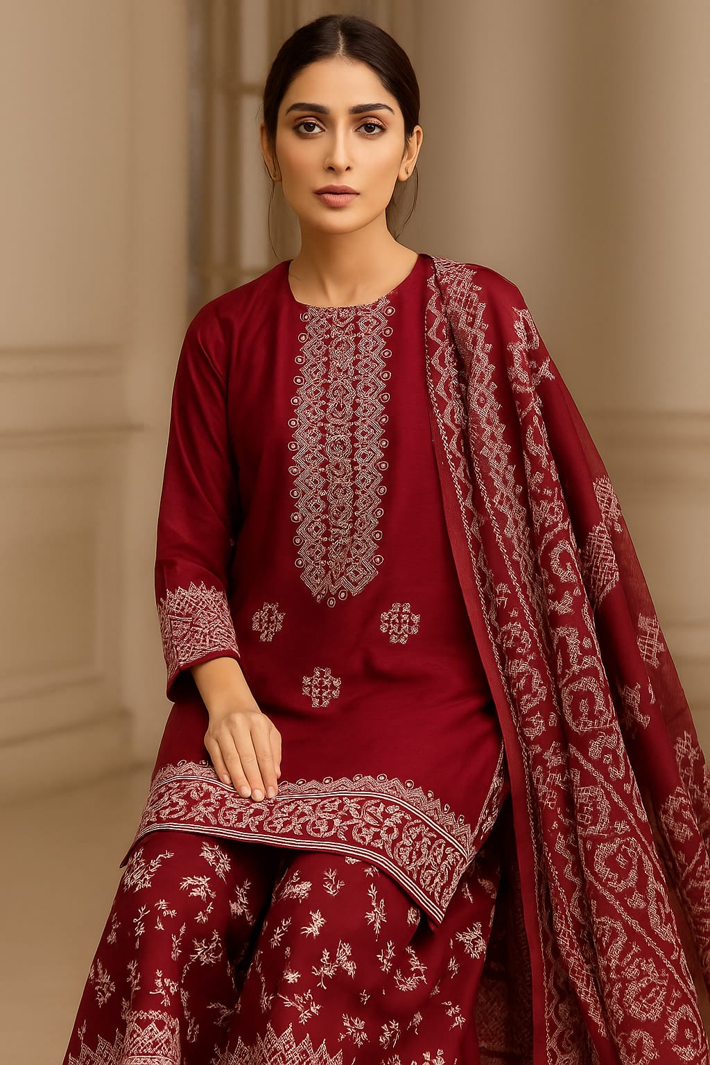Fancy Style 3-Piece Lawn Suit – Embroidered Shirt with Printed Chiffon Dupatta