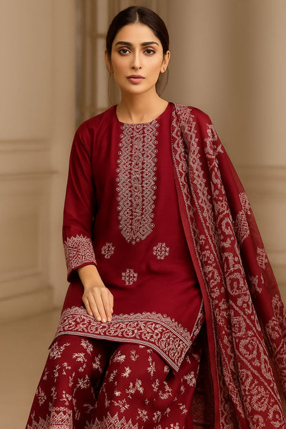 Fancy Style 3-Piece Lawn Suit – Embroidered Shirt with Printed Chiffon Dupatta