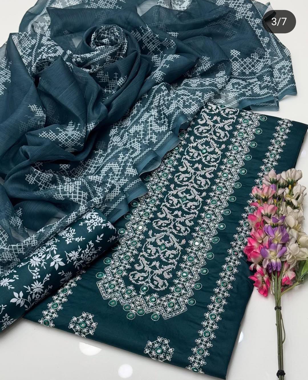 Fancy Style 3-Piece Lawn Suit – Embroidered Shirt with Printed Chiffon Dupatta