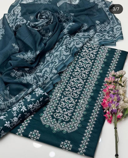 Fancy Style 3-Piece Lawn Suit – Embroidered Shirt with Printed Chiffon Dupatta