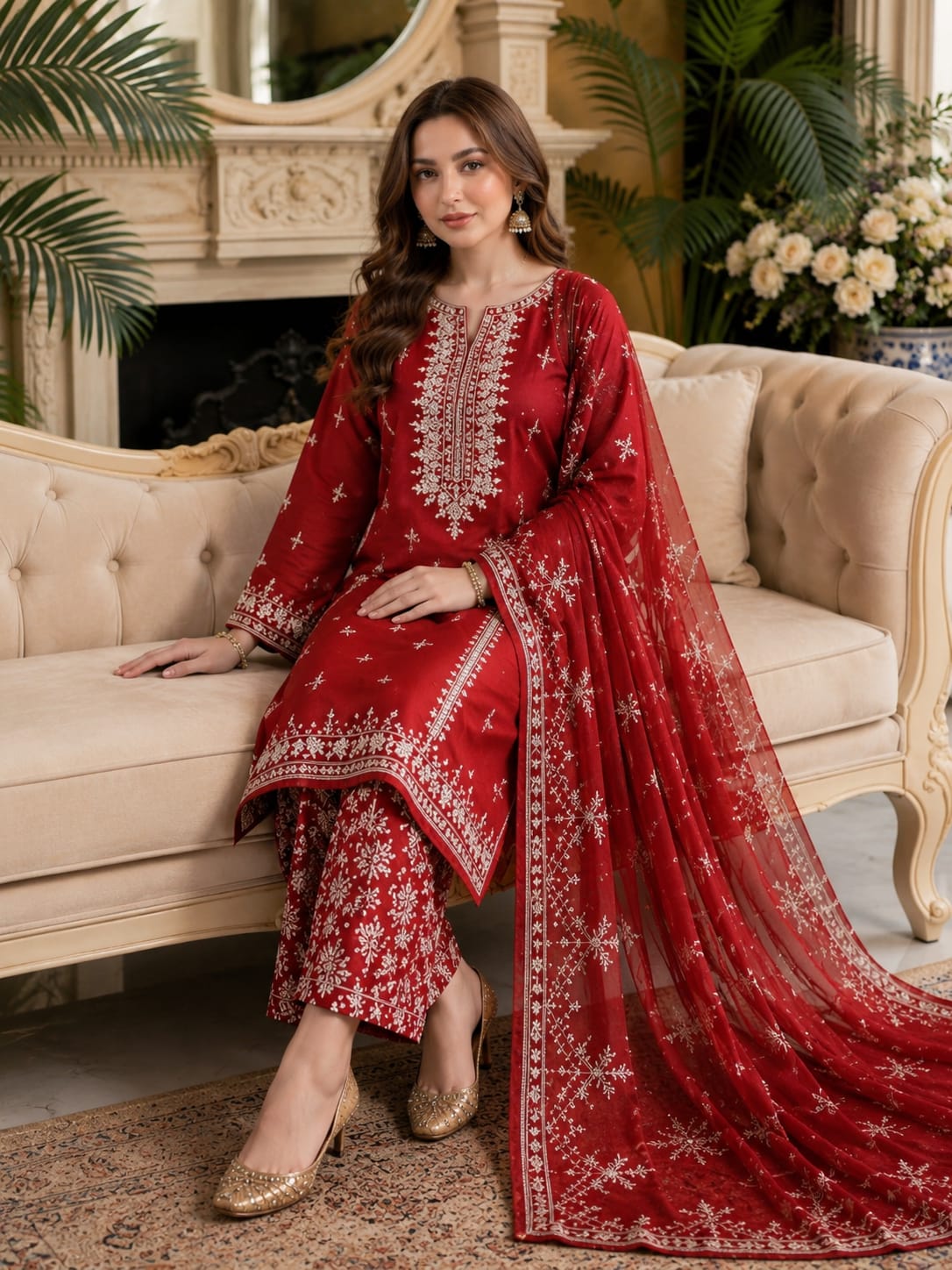 Fancy Style 3-Piece Lawn Suit – Embroidered Shirt with Printed Chiffon Dupatta