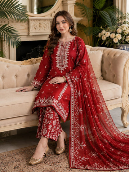 Fancy Style 3-Piece Lawn Suit – Embroidered Shirt with Printed Chiffon Dupatta