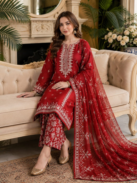 Fancy Style 3-Piece Lawn Suit – Embroidered Shirt with Printed Chiffon Dupatta