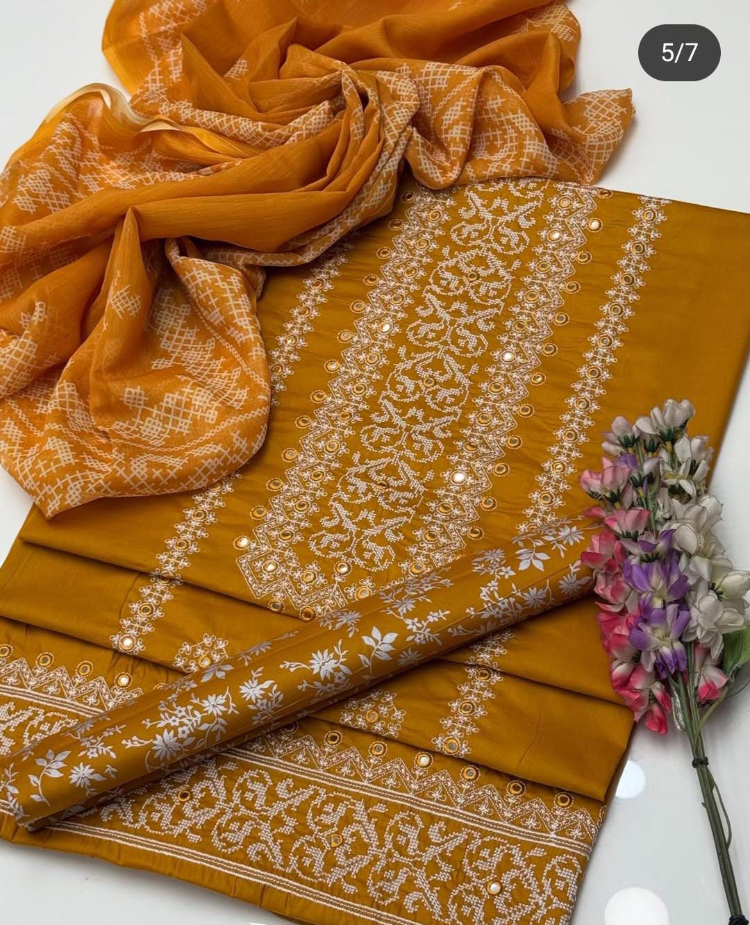 Fancy Style 3-Piece Lawn Suit – Embroidered Shirt with Printed Chiffon Dupatta